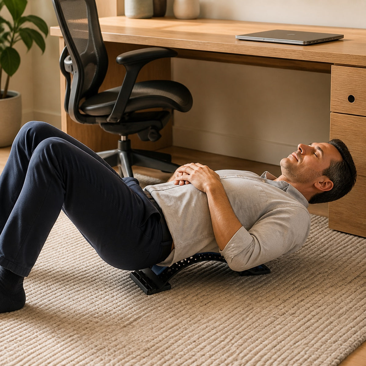 Man using the AlignaFit back stretcher on the floor beside his home office desk