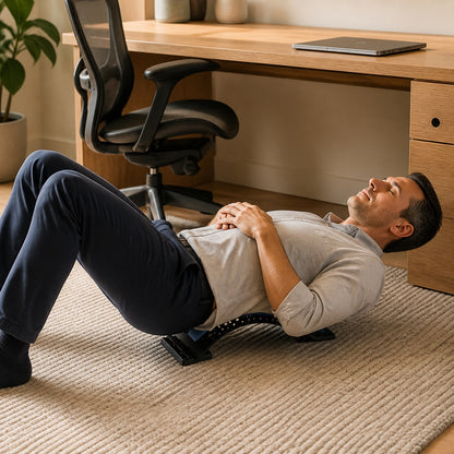 Man using the AlignaFit back stretcher on the floor beside his home office desk