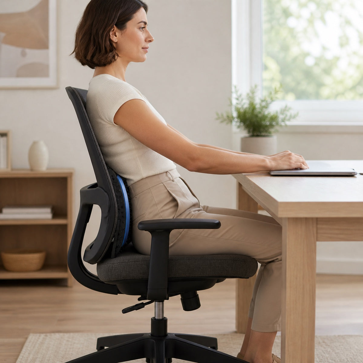 AlignaFit back stretcher resting against an office chair backrest as lumbar support
