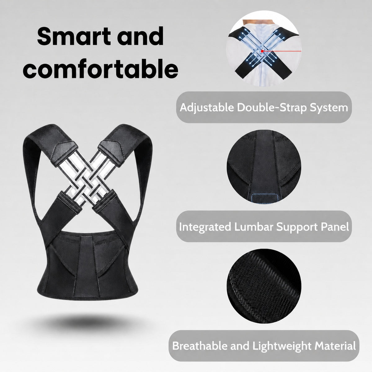 AlignaFit posture corrector features: adjustable double-strap system, lumbar support panel, breathable material