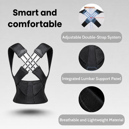 AlignaFit posture corrector features: adjustable double-strap system, lumbar support panel, breathable material