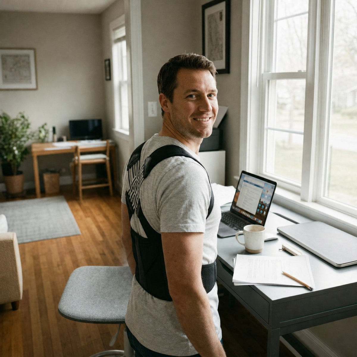 Man wearing the AlignaFit posture corrector at a desk, rear view