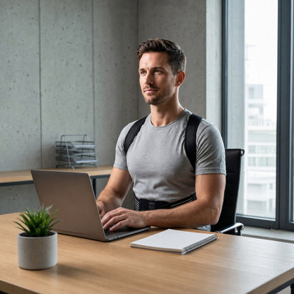 Man wearing the AlignaFit posture corrector while working at a laptop
