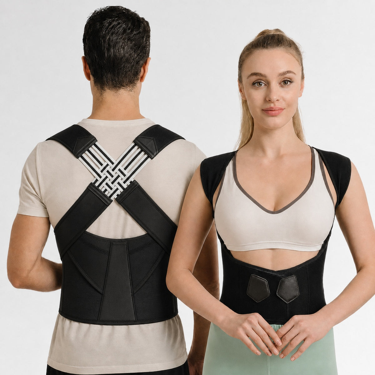 Man and woman wearing the AlignaFit posture corrector, front and back