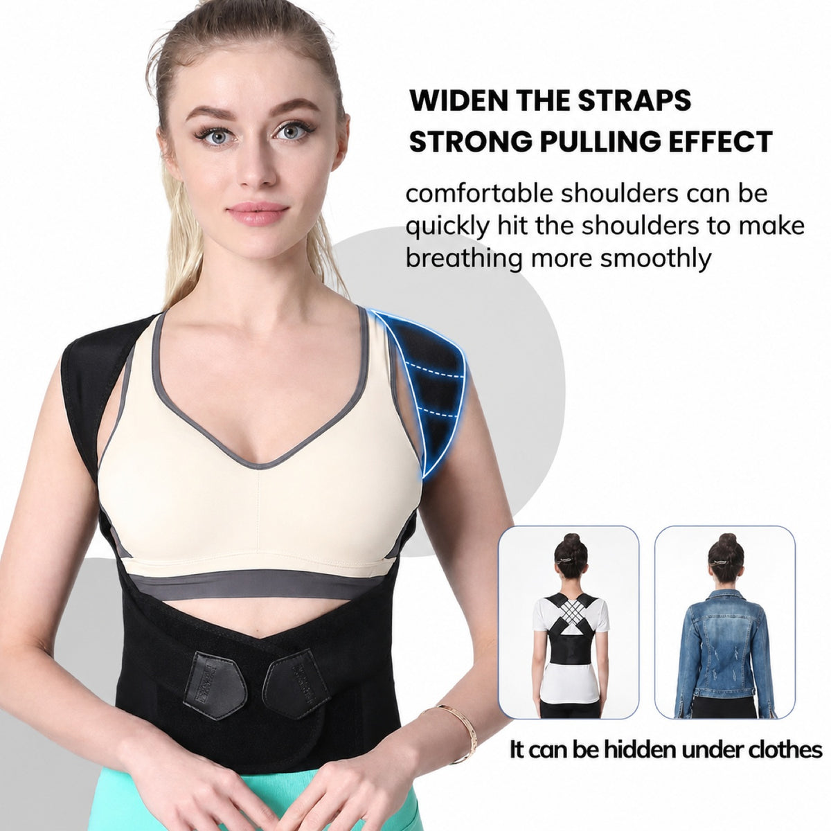 AlignaFit posture corrector widened shoulder straps, worn under clothing