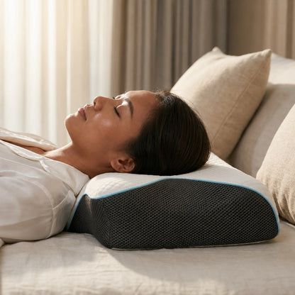 Woman sleeping on her back on the AlignaFit orthopaedic neck pillow