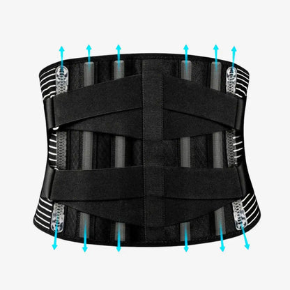 A Diagram of the AlignaBack™ Lower Back Support Brace with multiple straps and blue arrows indicating features on a white background