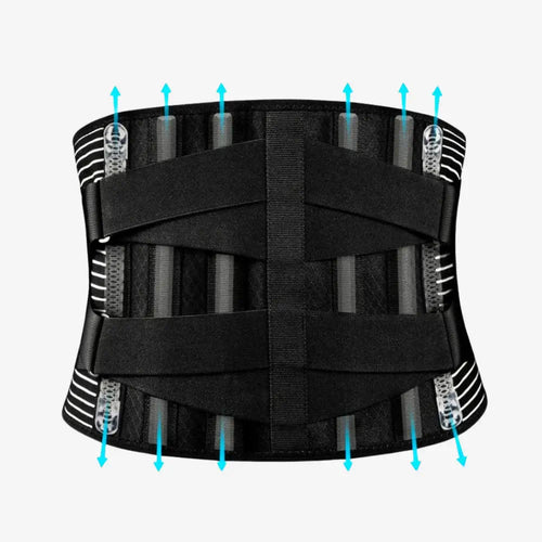 A Diagram of the AlignaBack™ Lower Back Support Brace with multiple straps and blue arrows indicating features on a white background