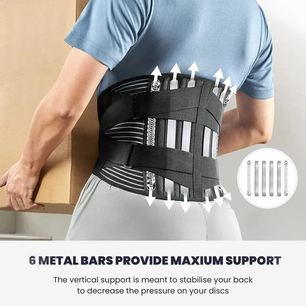 Person wearing a the AlignaBack™ Lower Back Support Brace with metal bars, lifting a box