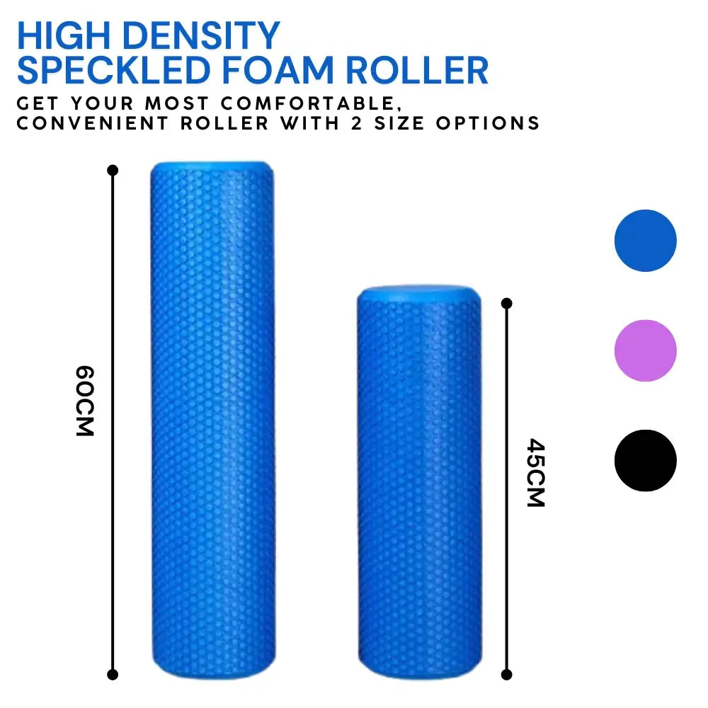 Blue speckled foam roller with measurements and color options on a white background