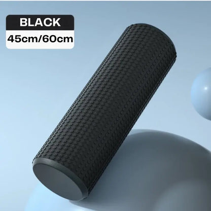 Black AlignaFit foam roller with size options on a light blue background