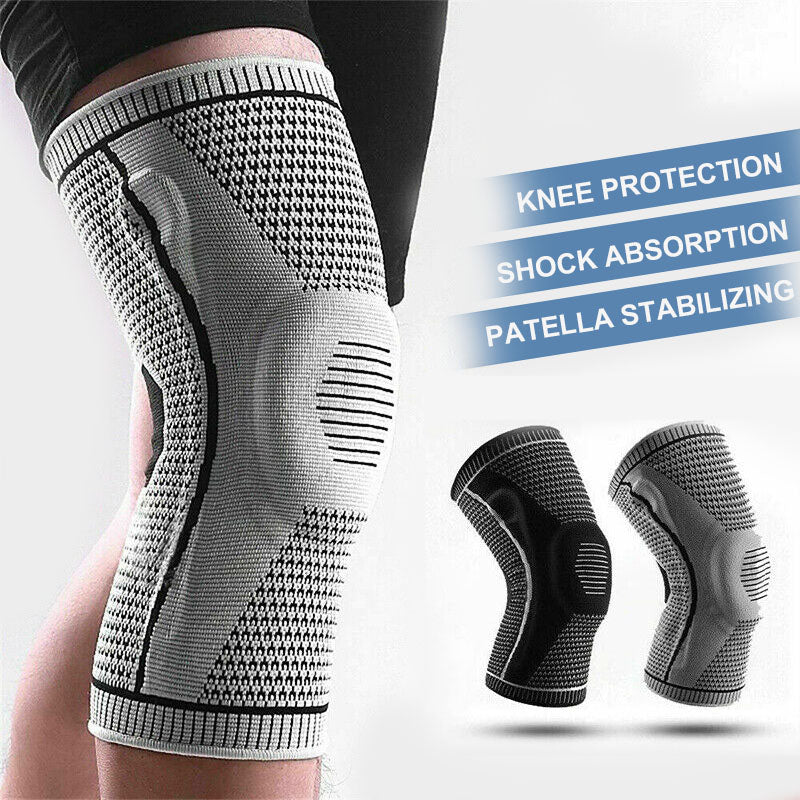 Gray knee brace with text highlighting features on a light gray background