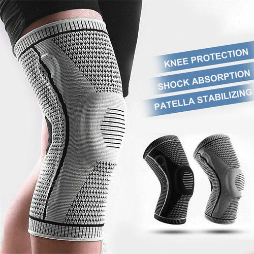 Gray knee brace with text highlighting features on a light gray background