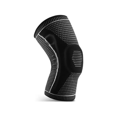 Black knee brace with patterned design on a white background