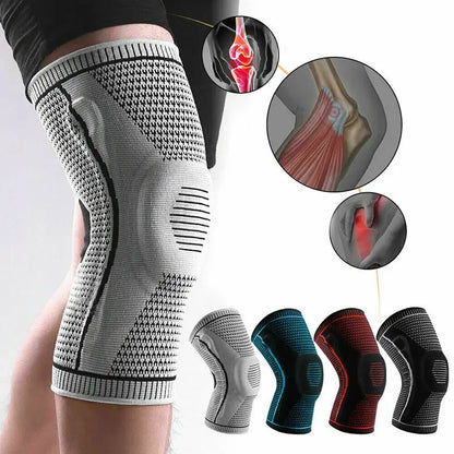 Knee brace with close-up insets showing knee joint and muscle anatomy, available in multiple colors.