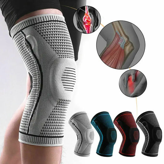Knee brace with close-up insets showing knee joint and muscle anatomy, available in multiple colors.