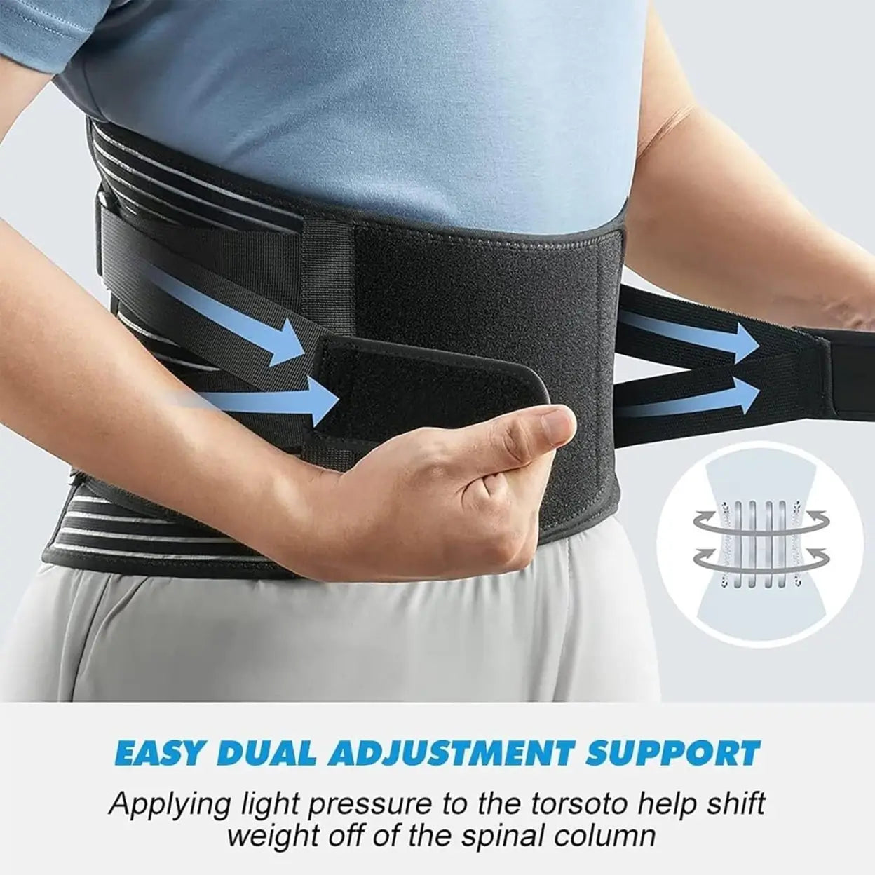 Person wearing a AlignaBack™ Lower Back Support Brace with text about easy dual adjustment support.