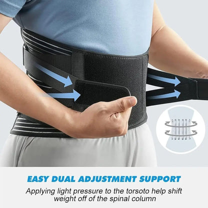 Person wearing a AlignaBack™ Lower Back Support Brace with text about easy dual adjustment support.