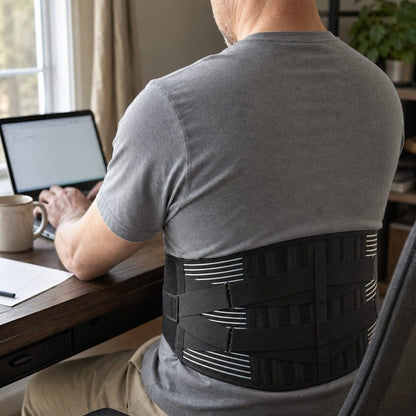 Wearing the lower back brace at a desk