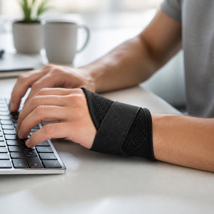 Man typing at a desk wearing the black AlignaFit adjustable wrist brace