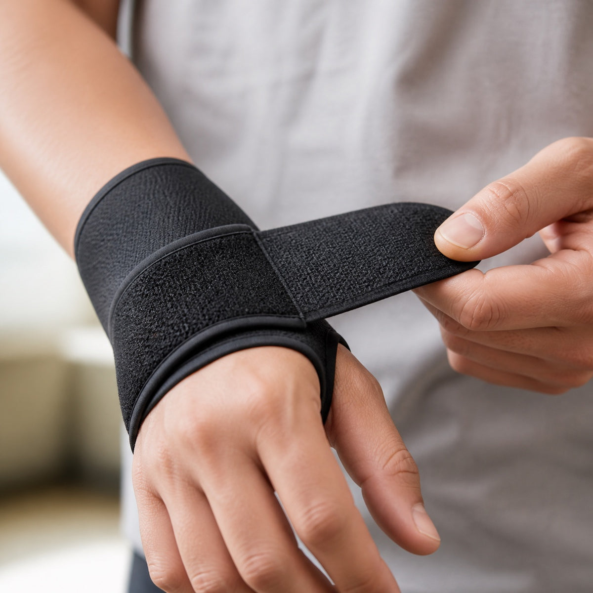 Adjusting the strap of the AlignaFit wrist brace across the wrist