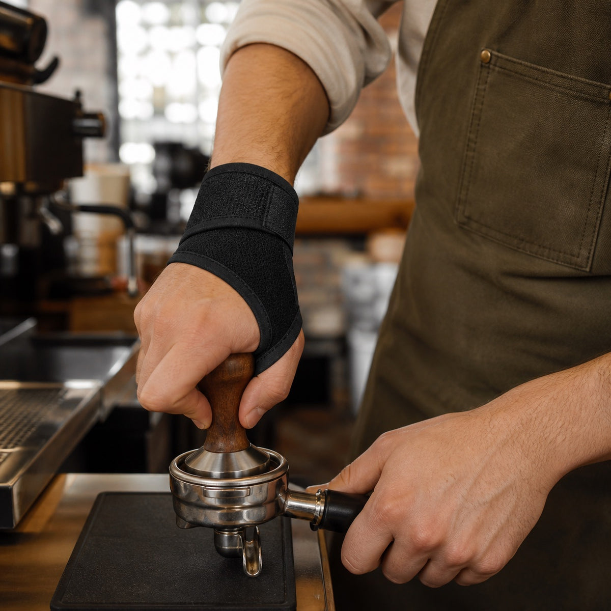 Barista working with the AlignaFit wrist brace supporting the wrist