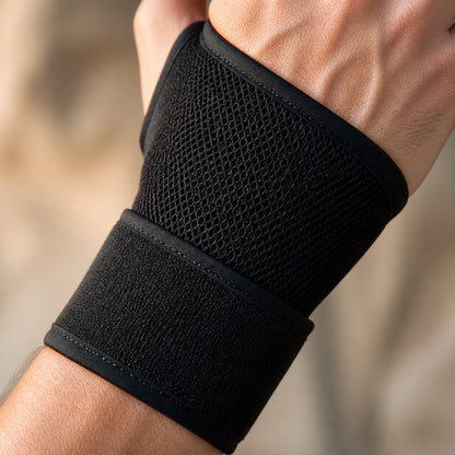 Close-up of the AlignaFit wrist brace breathable mesh panel on the wrist