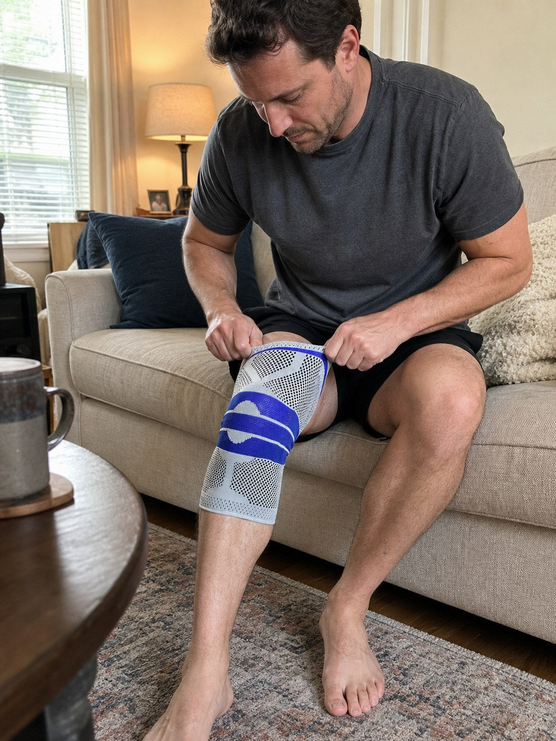 Putting on the AlignaFit knee compression sleeve at home