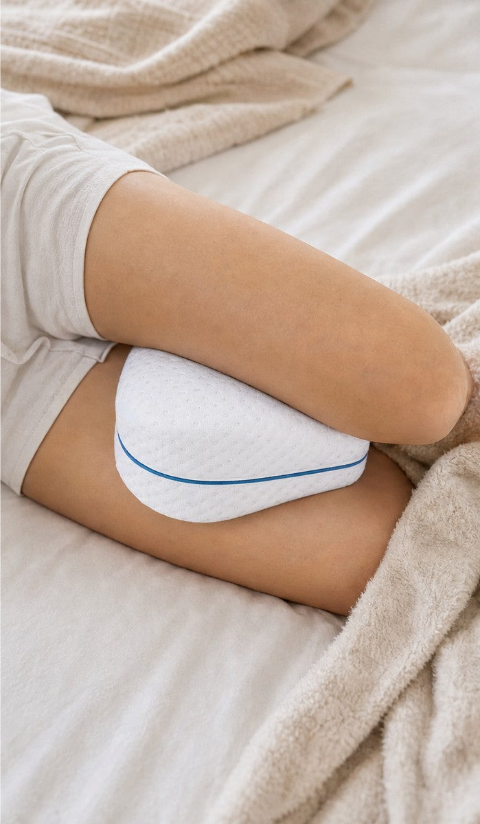 The AlignaFit knee pillow positioned between the knees in bed