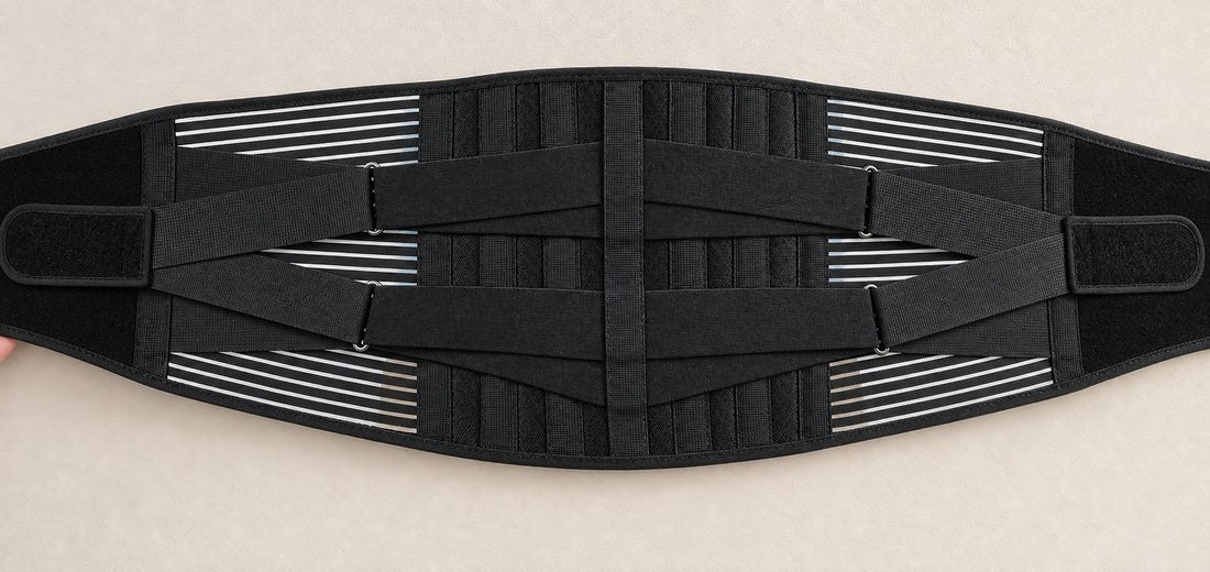 AlignaFit lower back brace construction, stays and dual straps