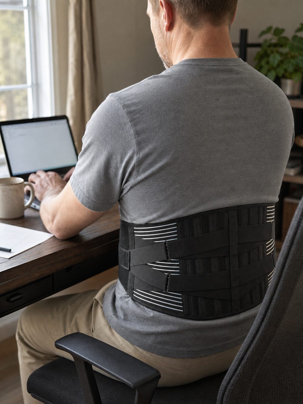 Wearing the lower back brace while working at a desk