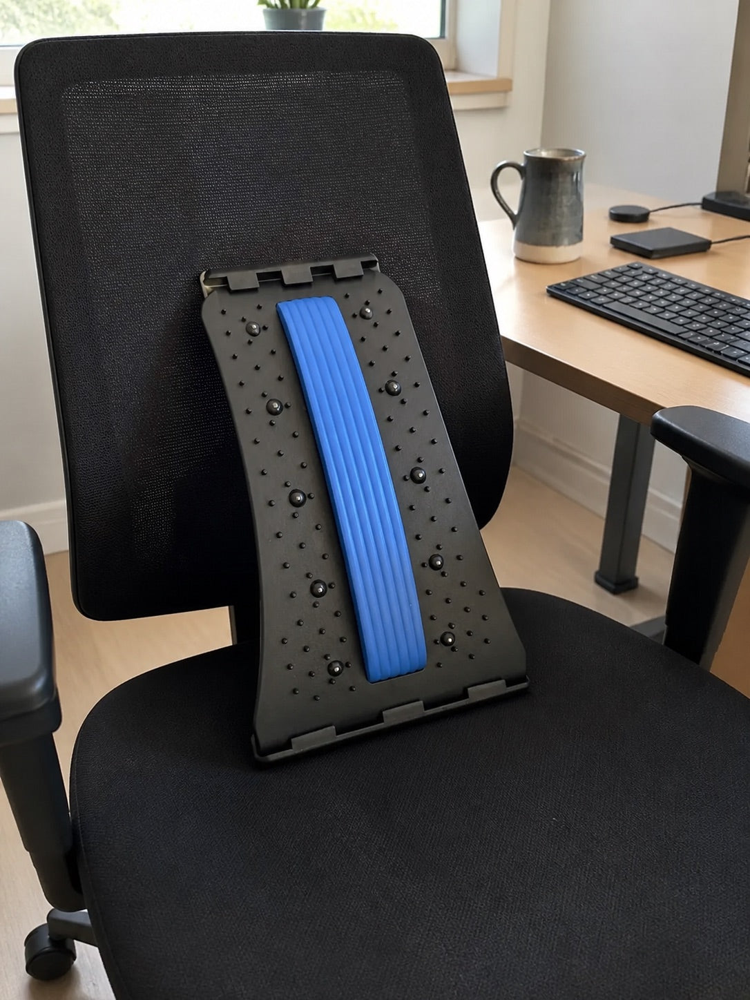The AlignaFit back stretcher against an office chair backrest